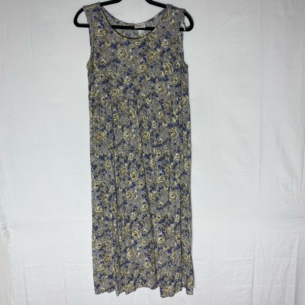Vintage 90s Cleo Blue Green Grey Floral Sleeveless Midi Dress M